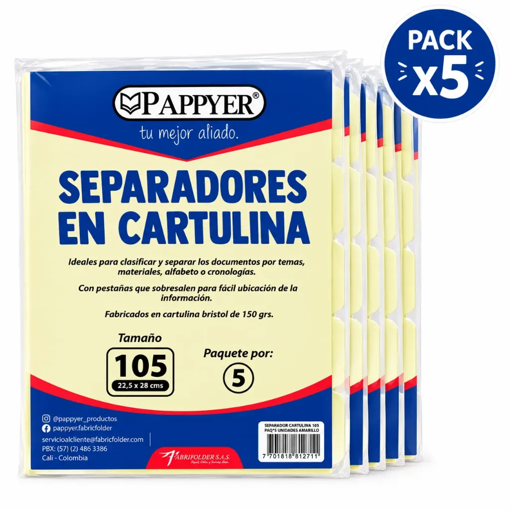 SEPARADOR CARTULINA AMARILLO PAPPYER X 5 PAQUETES