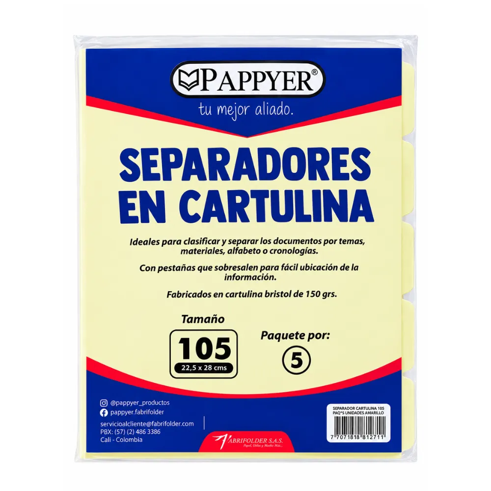 SEPARADOR CARTULINA 105 X 5 UND AMARILLO PAPPYER